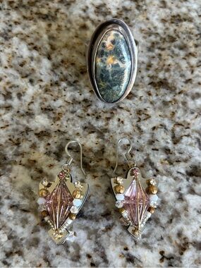 Hand Made Crystal Drop Earrings and Silver Stone Ring Set